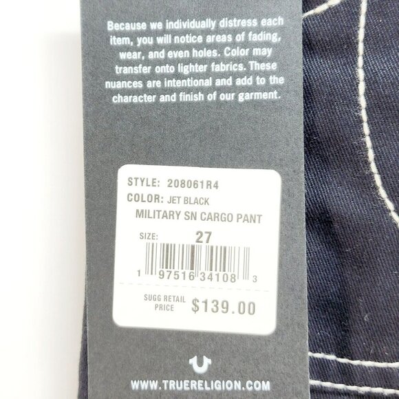 True Religion Cargo Pant Women Jet Black Size 27 Wide Leg Pockets New - Picture 4 of 14